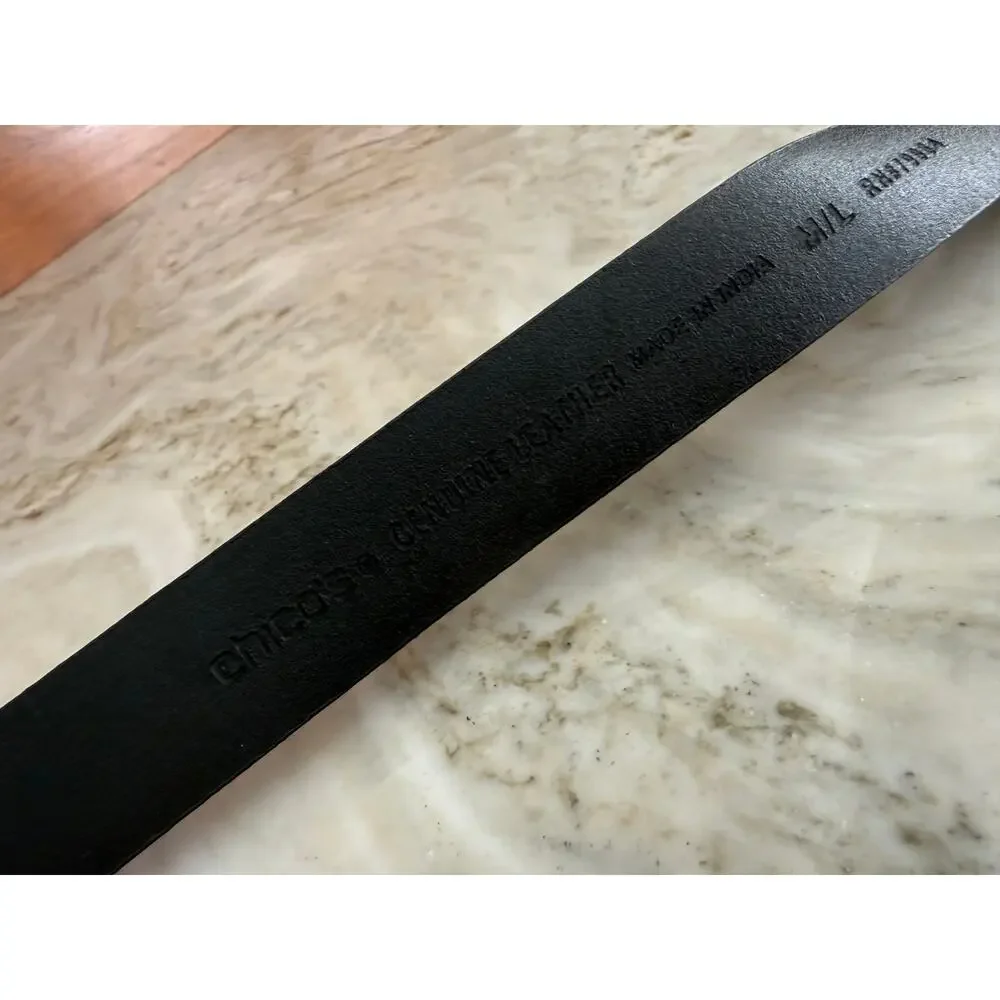 Chicos Leather Adjustable Slide Belt Black Silver Fish Hook Buckle
